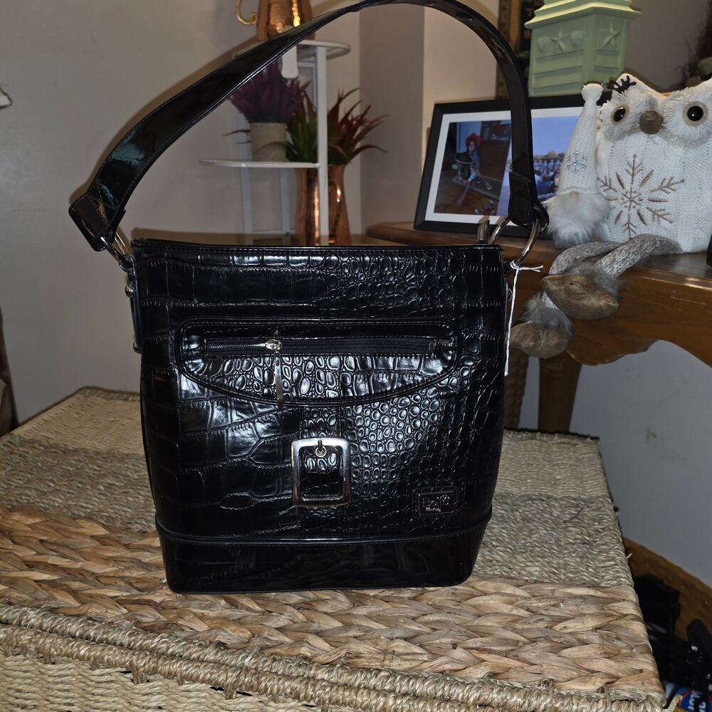 BEIJO XL PATENT FAUX CRO LEATHER SHOULDER BAG